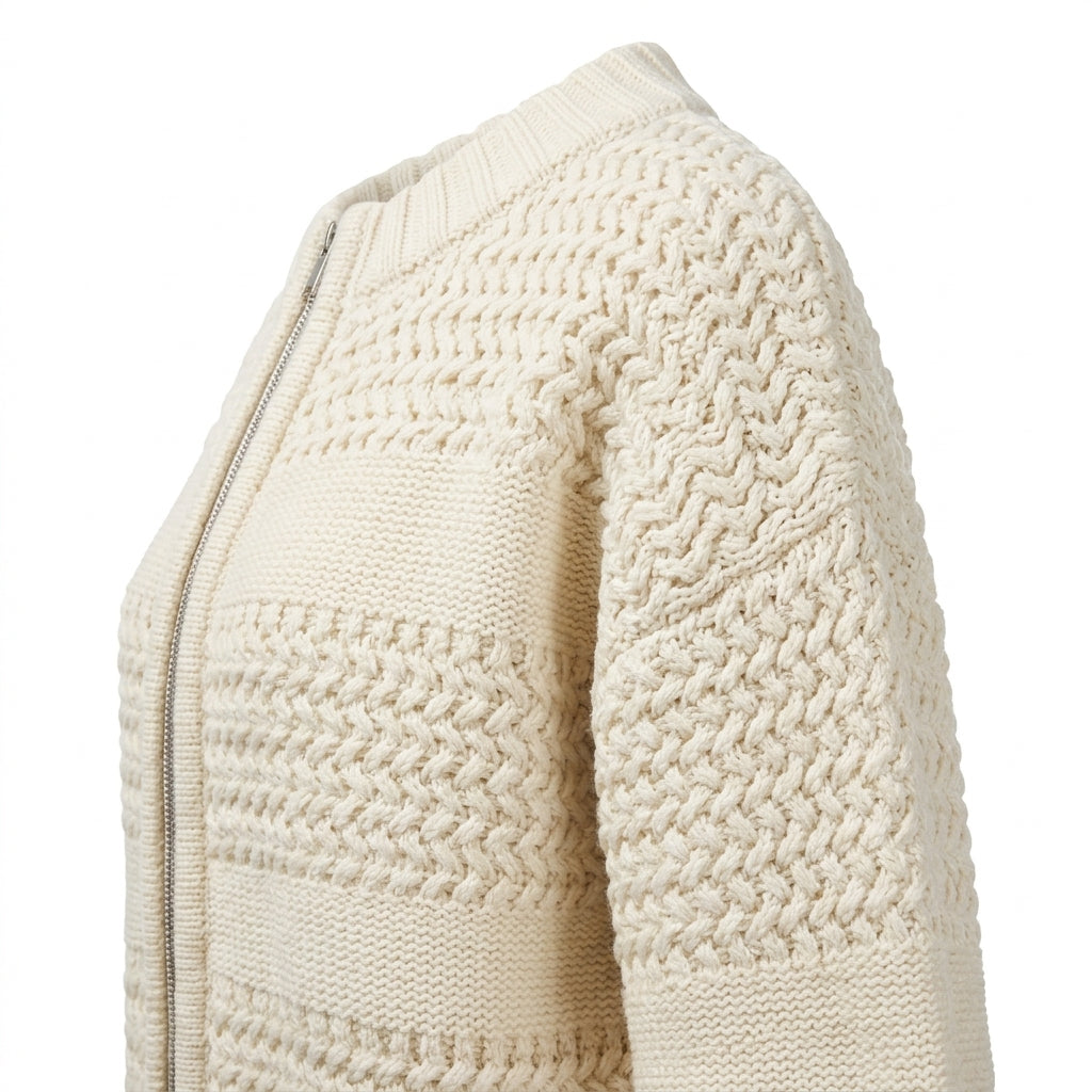 [WHOLESALE ONLY - CONTACT TO ORDER] Women's Chunky Textured Mock Neck Zip-Up Bomber Cardigan Sweater with Dimensional Honeycomb & Garter Stitching (Warm Cream Ivory) [AW-218]