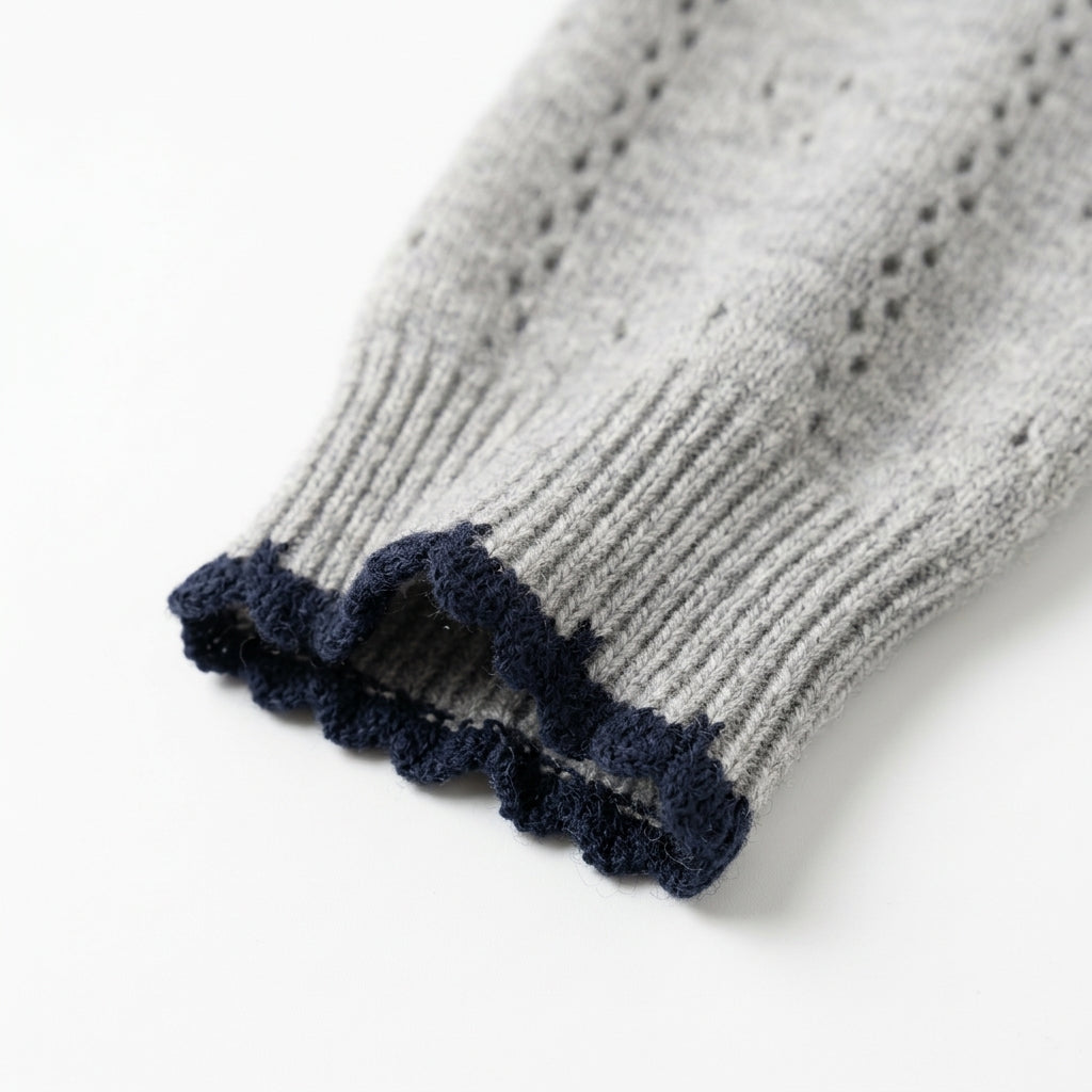 [WHOLESALE ONLY - CONTACT TO ORDER] Women's Preppy Pointelle Eyelet Knit Polo Collar Pullover Sweater with Scalloped Contrast Crochet Edging (Heather Grey & Midnight Navy) [AW-201]