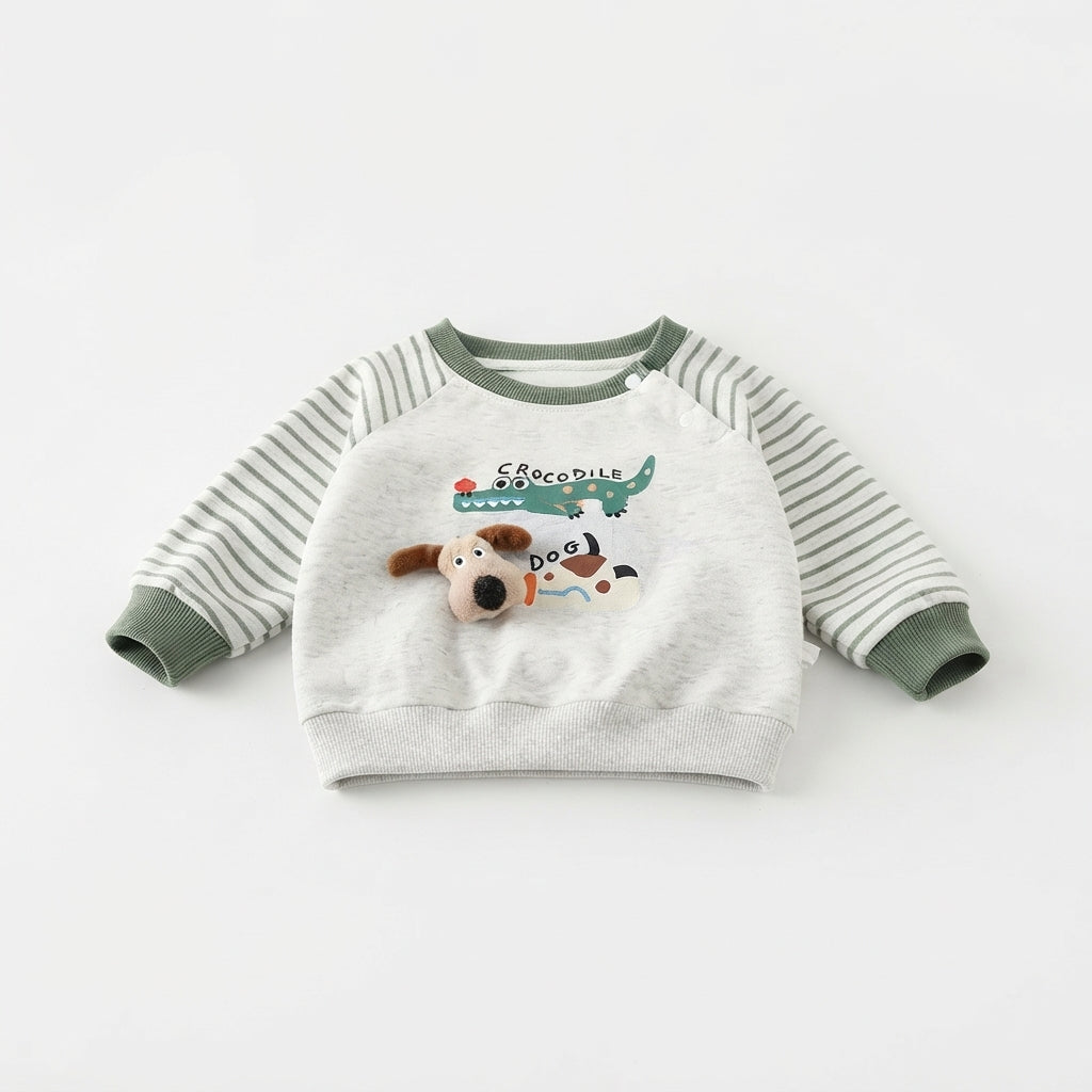[WHOLESALE ONLY - CONTACT TO ORDER] Toddler Baby Fleece Crewneck Sweatshirt - 3D Stuffed Puppy Head & Crocodile Print Striped Raglan Sleeve Pullover[KW-137]