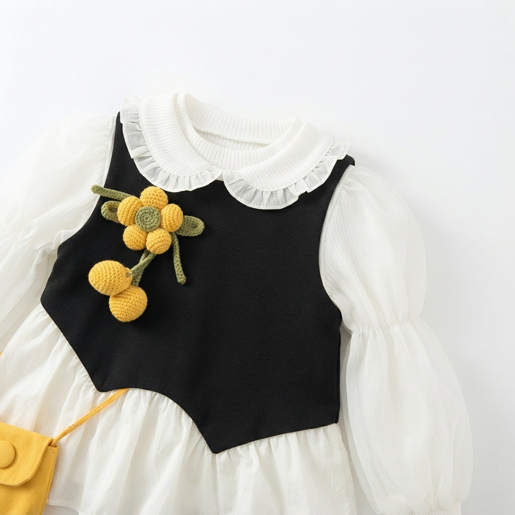 [WHOLESALE ONLY - CONTACT TO ORDER] Toddler Girls 3-Piece Navy Vest Peplum Top & Wide Leg Ruffle Pants Set with Crossbody Bag - 3D Knit Flower Boutique Outfit[KW-165]