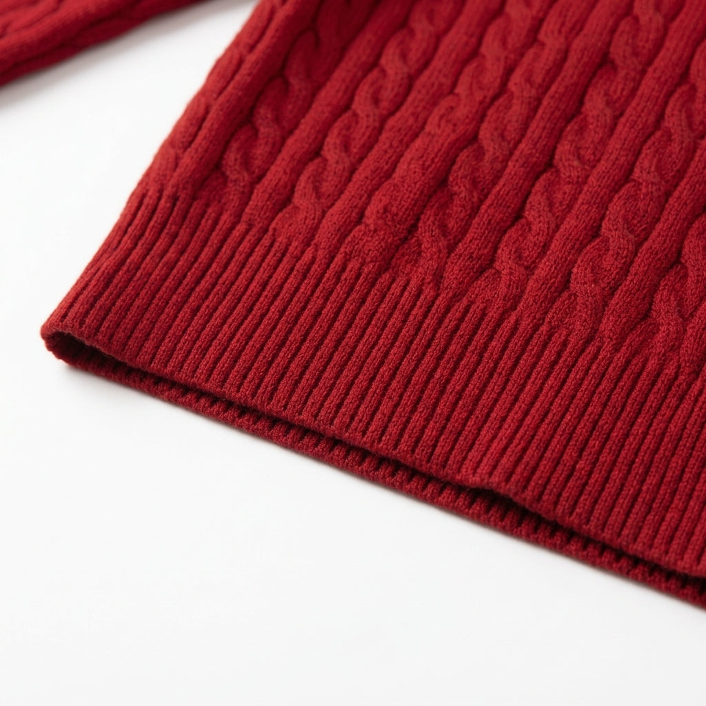 [WHOLESALE ONLY - CONTACT TO ORDER] Women's Classic Fitted Cable-Knit Crewneck Button-Front Cardigan Sweater with Pearlized Buttons (Festive Crimson Red) [AW-122]