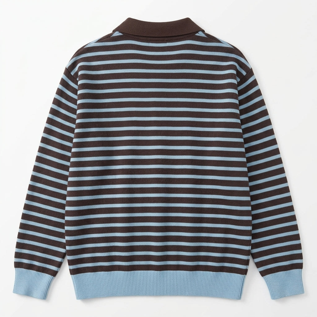 [WHOLESALE ONLY - CONTACT TO ORDER] Unisex Vintage Preppy Yarn-Dyed Striped Polo Collar Knit Pullover Sweater (Espresso Brown & Dusty Sky Blue) [AW-200]
