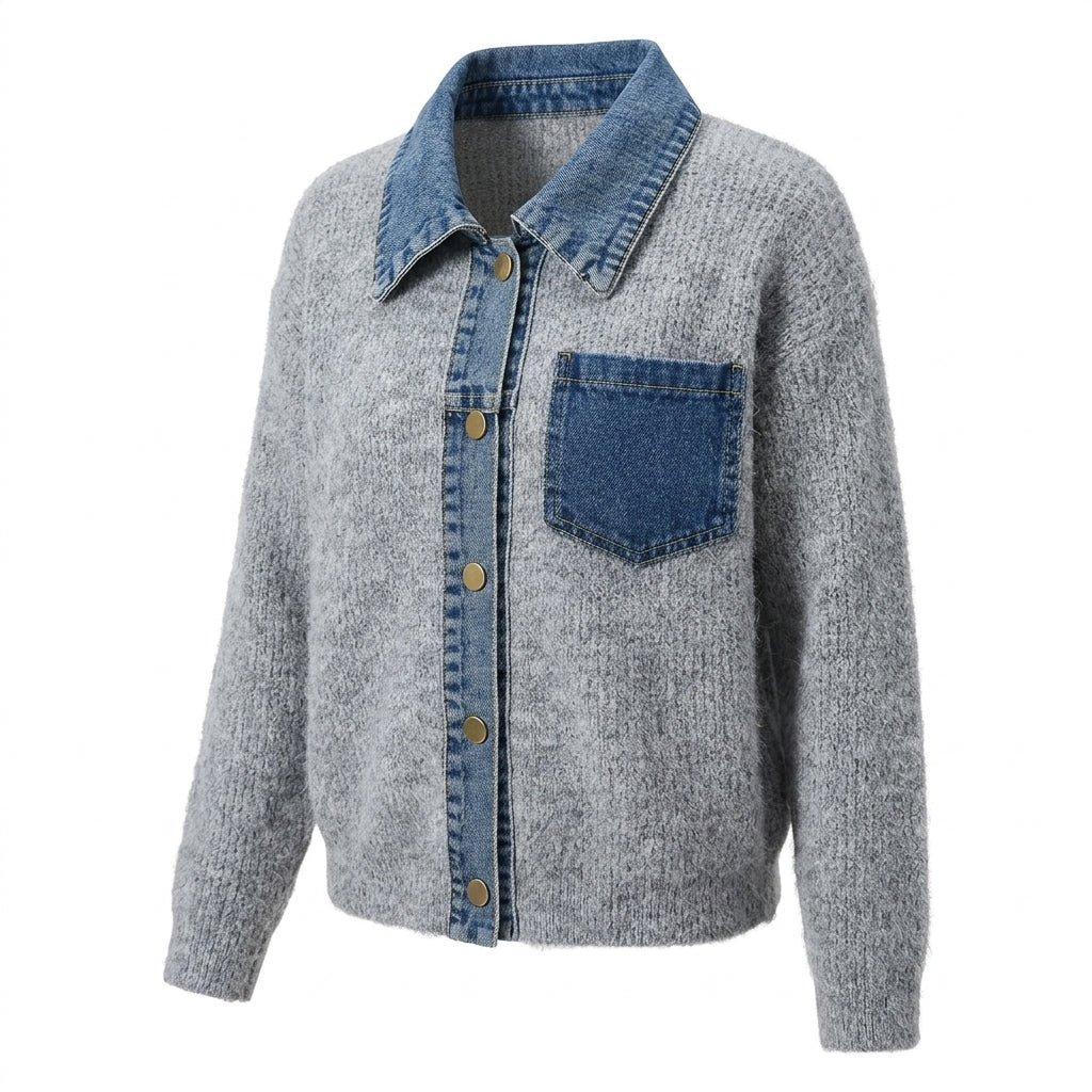[WHOLESALE ONLY - CONTACT TO ORDER] Women's Hybrid Denim-Spliced Fuzzy Knit Button-Front Jacket Cardigan with Washed Denim Collar & Chest Pocket (Heather Grey & Medium Wash Denim) [AW-212]