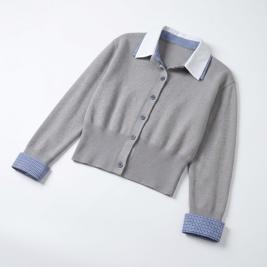 [WHOLESALE ONLY - CONTACT TO ORDER] Women's Preppy Layered Gingham Collar & Cuffs Cropped Cardigan Sweater with Wide Ribbed Waist (Heather Grey & Blue Check) [AW-123]