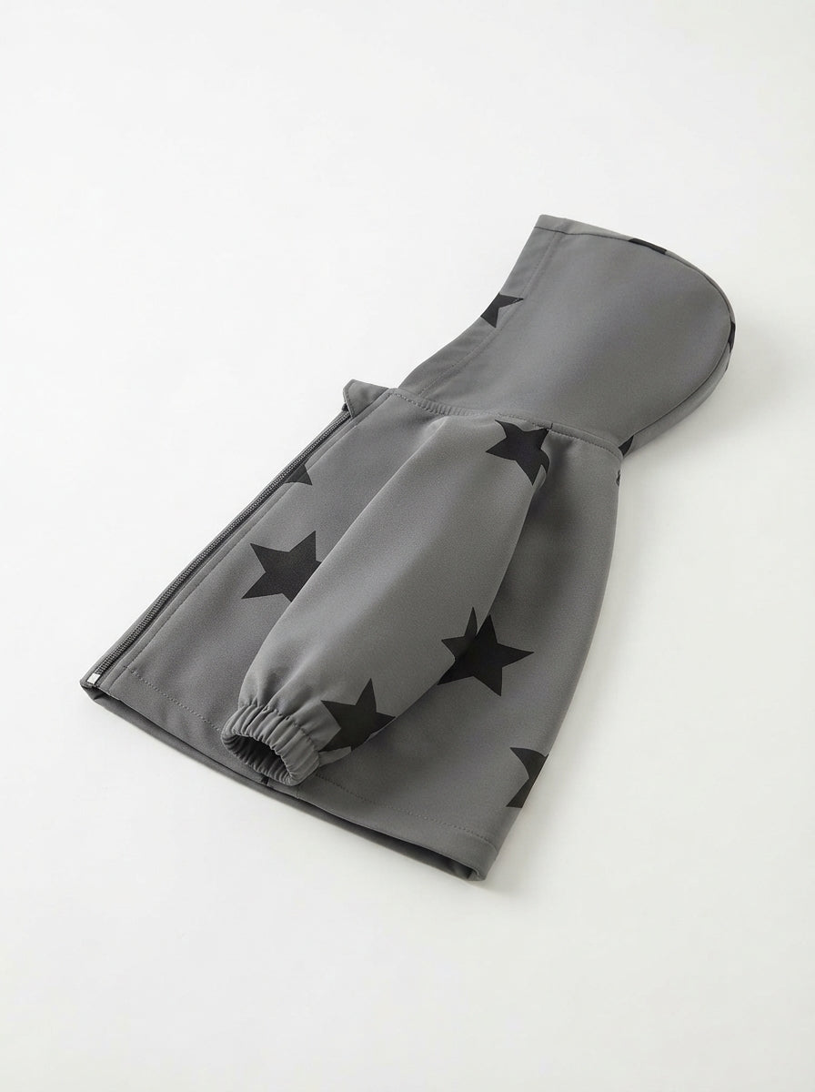 [WHOLESALE ONLY - CONTACT TO ORDER] Toddler Boys Lightweight Hooded Windbreaker Jacket - Black Star Pattern Padded Yellow Star Zipper Pull Coat [KW-156]