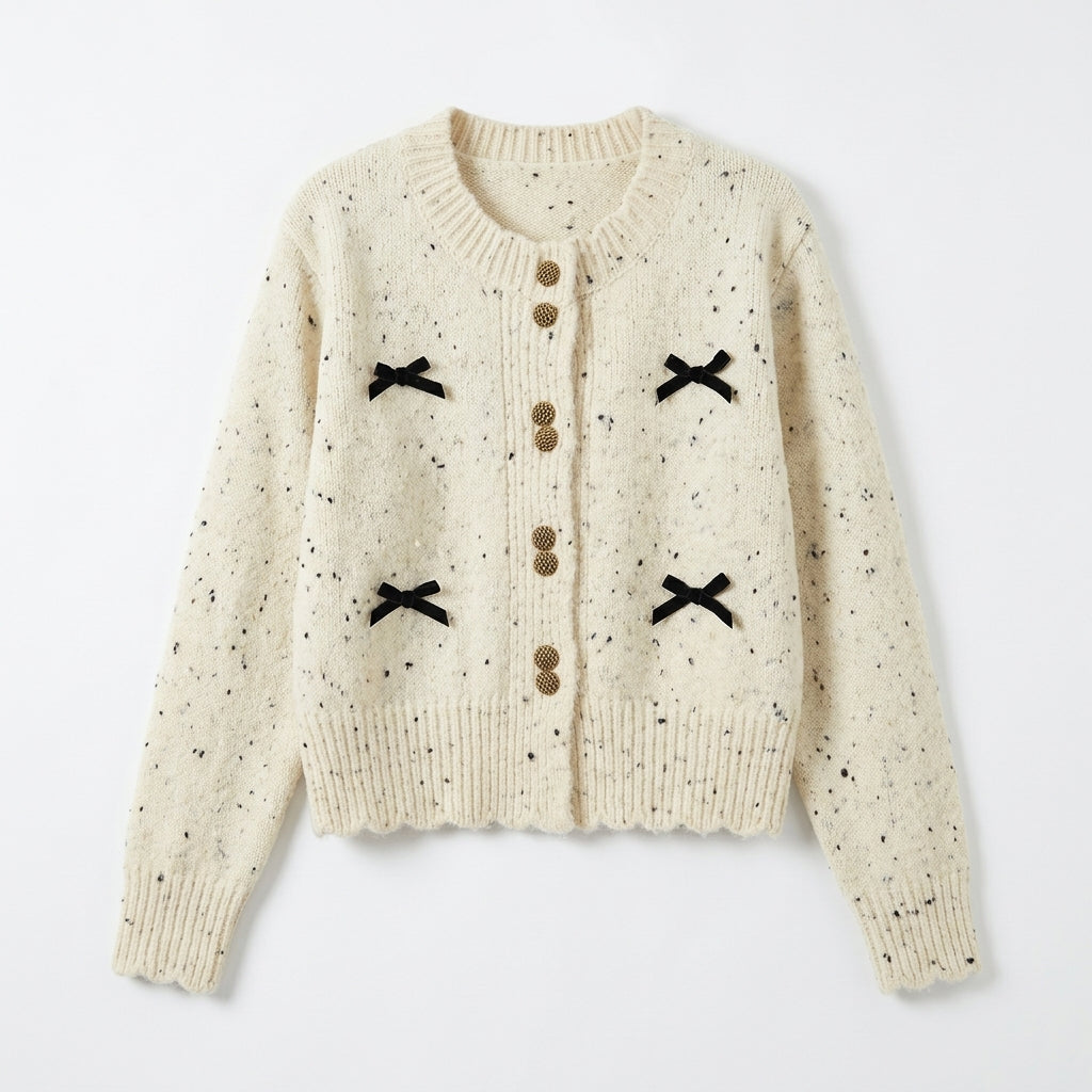 [WHOLESALE ONLY - CONTACT TO ORDER] Women's Coquette Tweed-Fleck Knit Crewneck Cardigan with 3D Velvet Bows & Gold Textured Buttons (Oatmeal Cream Fleck) [AW-227]