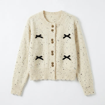[WHOLESALE ONLY - CONTACT TO ORDER] Women's Coquette Tweed-Fleck Knit Crewneck Cardigan with 3D Velvet Bows & Gold Textured Buttons (Oatmeal Cream Fleck) [AW-227]