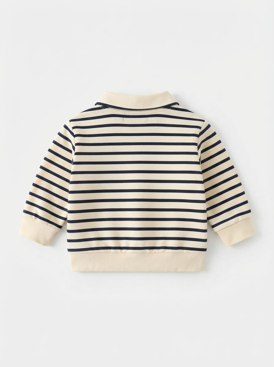 [WHOLESALE ONLY - CONTACT TO ORDER] Toddler Baby Boys Nautical Striped Polo Sweatshirt & Fleece Joggers Set with Gentleman Tie - Embroidered Teddy Bear Outfits [KW-160]