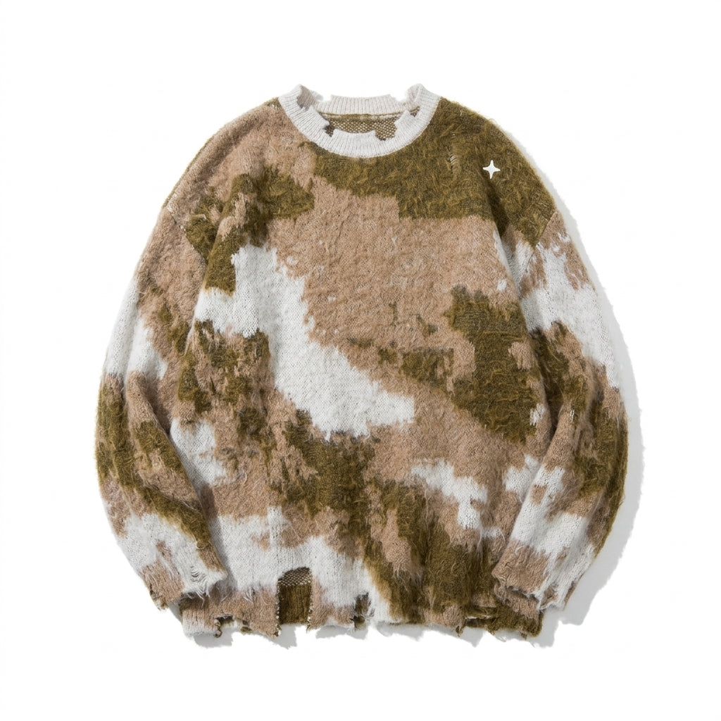 [WHOLESALE ONLY - CONTACT TO ORDER] Unisex Oversized Grunge Distressed Camo Fuzzy Jacquard Crewneck Sweater with Frayed Hem & Star Accent (Earth Camo / Moss Olive, Sand & Cream) [AW-229]