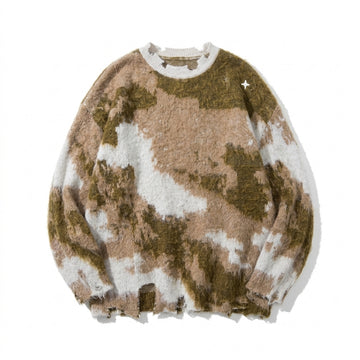 [WHOLESALE ONLY - CONTACT TO ORDER] Unisex Oversized Grunge Distressed Camo Fuzzy Jacquard Crewneck Sweater with Frayed Hem & Star Accent (Earth Camo / Moss Olive, Sand & Cream) [AW-229]