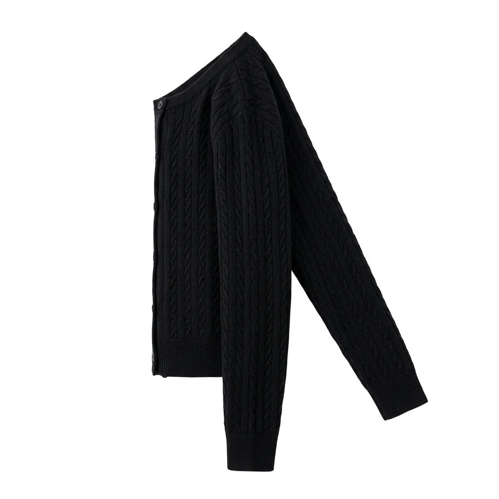 [WHOLESALE ONLY - CONTACT TO ORDER] Women's Classic Fitted Cable-Knit Crewneck Button-Front Cardigan Sweater (Pitch Black) [AW-195]