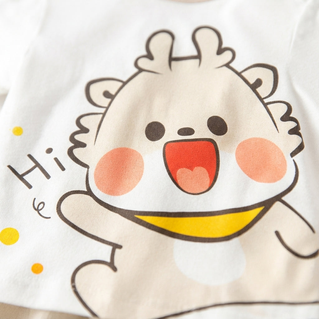 [WHOLESALE ONLY - CONTACT TO ORDER] Toddler Baby Short Sleeve Graphic T-Shirt - Cute Cartoon Animal "Hi" Print Shoulder Snap Cotton Tee [KW-147]