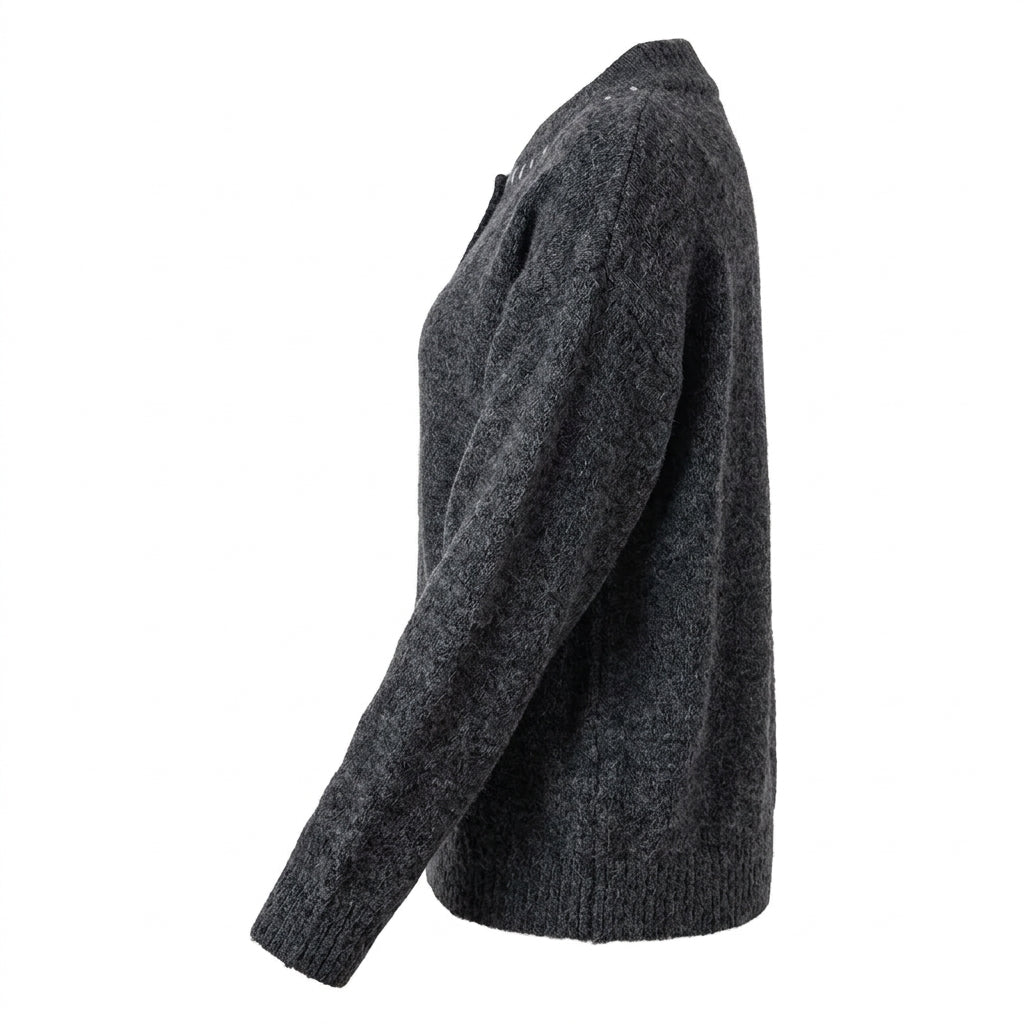 [WHOLESALE ONLY - CONTACT TO ORDER] Women's / Unisex Retro Whimsical Kitten Intarsia Fuzzy Knit Henley Sweater with Contrast Collar Hand-Stitch Detailing (Heather Charcoal Grey) [AW-231]
