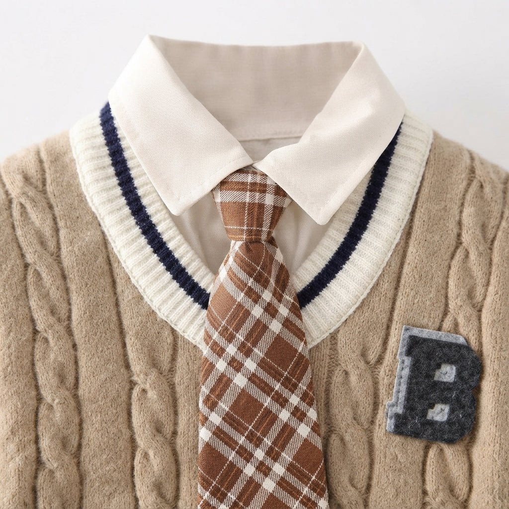 [WHOLESALE ONLY - CONTACT TO ORDER] Toddler Boys 3-Piece Gentleman Outfit Set - Cable Knit Sweater Vest, Long Sleeve Collared Shirt with Plaid Tie & Elastic Waist Chino Pants[KW-102]