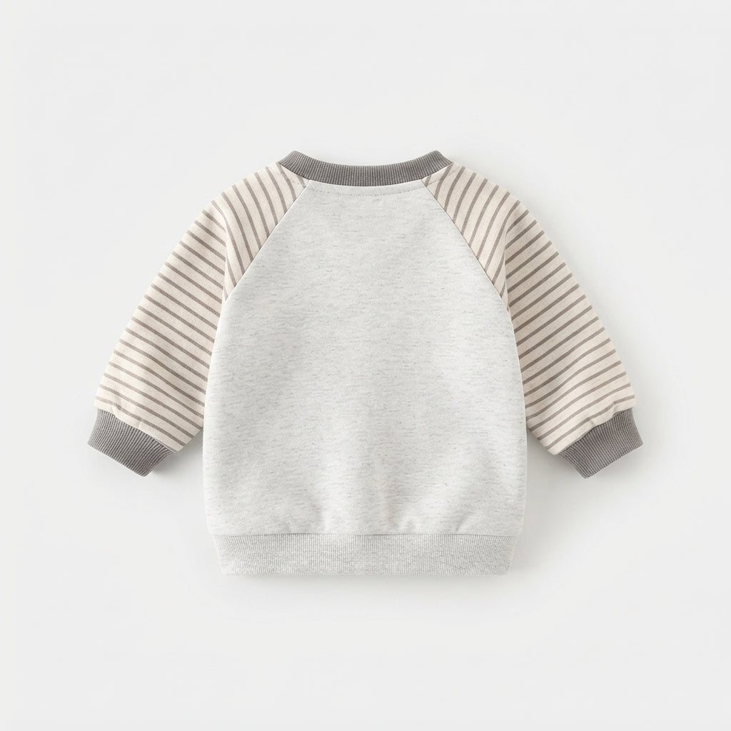 [WHOLESALE ONLY - CONTACT TO ORDER] Toddler Baby Fleece Crewneck Sweatshirt - 3D Fuzzy Teddy Bear Patchwork Striped Raglan Sleeve Pullover [KW-138]