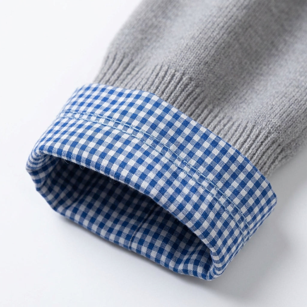 [WHOLESALE ONLY - CONTACT TO ORDER] Women's Preppy Layered Gingham Collar & Cuffs Cropped Cardigan Sweater with Wide Ribbed Waist (Heather Grey & Blue Check) [AW-123]
