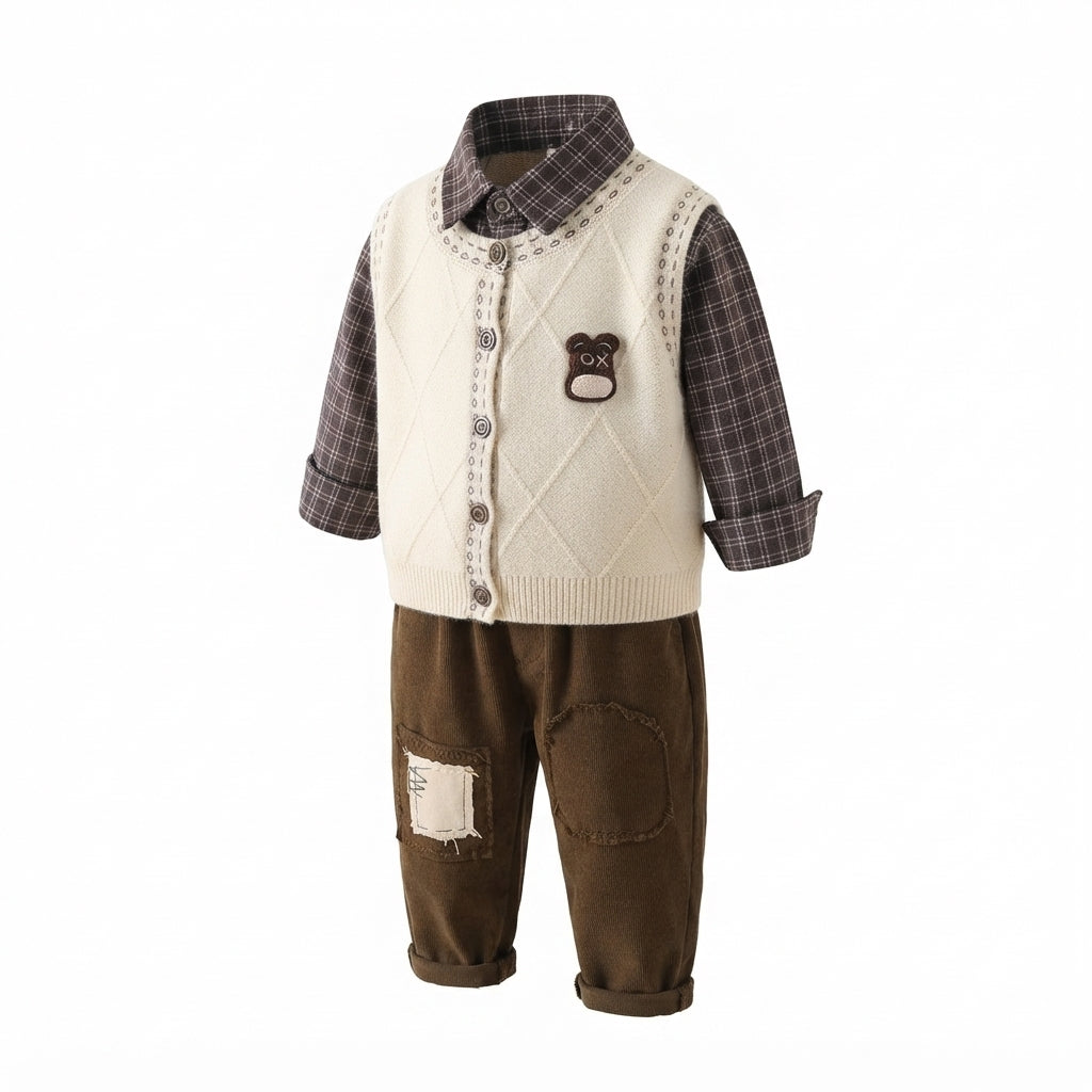 [WHOLESALE ONLY - CONTACT TO ORDER] Toddler Boys 3-Piece Plaid Shirt, Knit Cardigan Vest & Corduroy Trousers Set - Preppy Bear Patch Gentleman Outfit [KW-153]