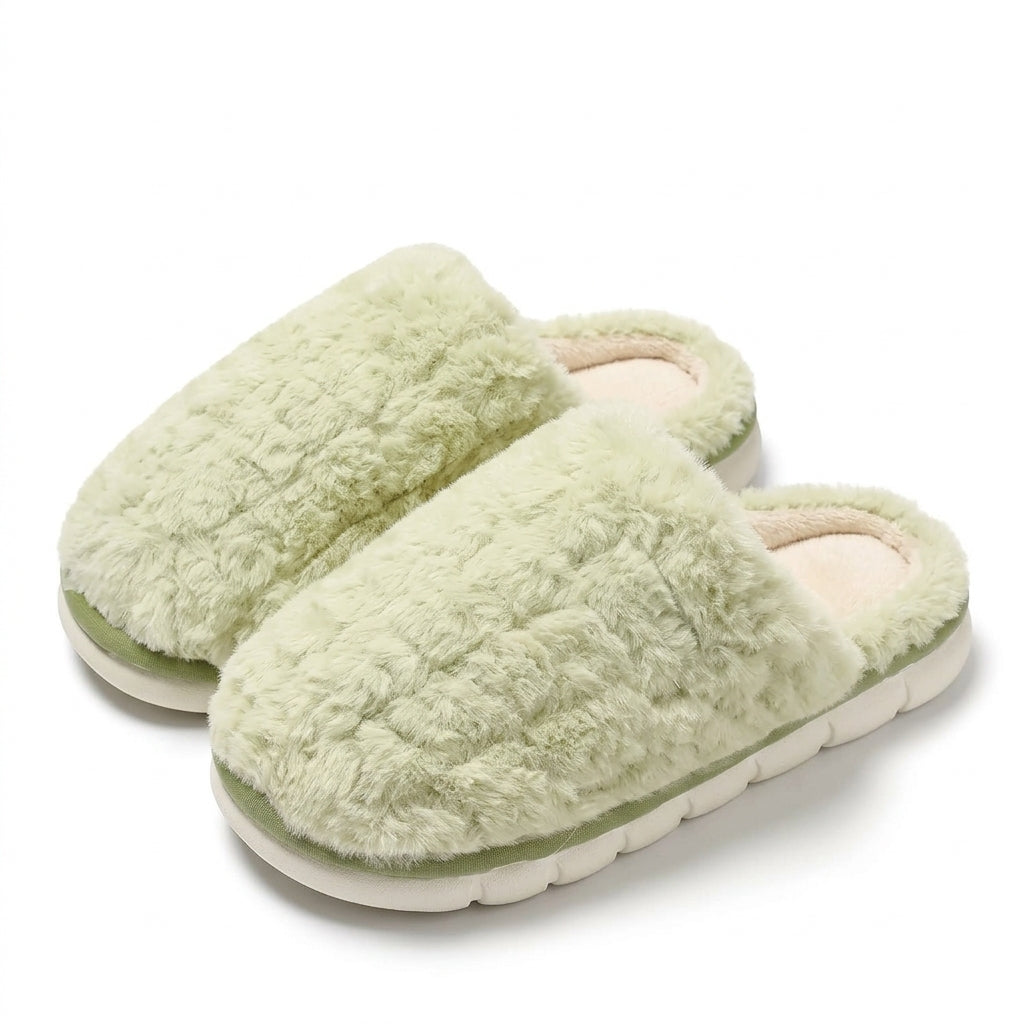 [WHOLESALE ONLY - CONTACT TO ORDER] Unisex Waffle Textured Faux Fur Memory Foam Winter Slippers - Platform Non-Slip House Shoes (Pastel Mint Green) [FM-110]