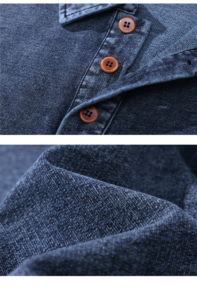 Men’s Heavyweight Washed T-Shirt – Vintage Loose Fit Drop Shoulder with Denim Collar[NA-012]