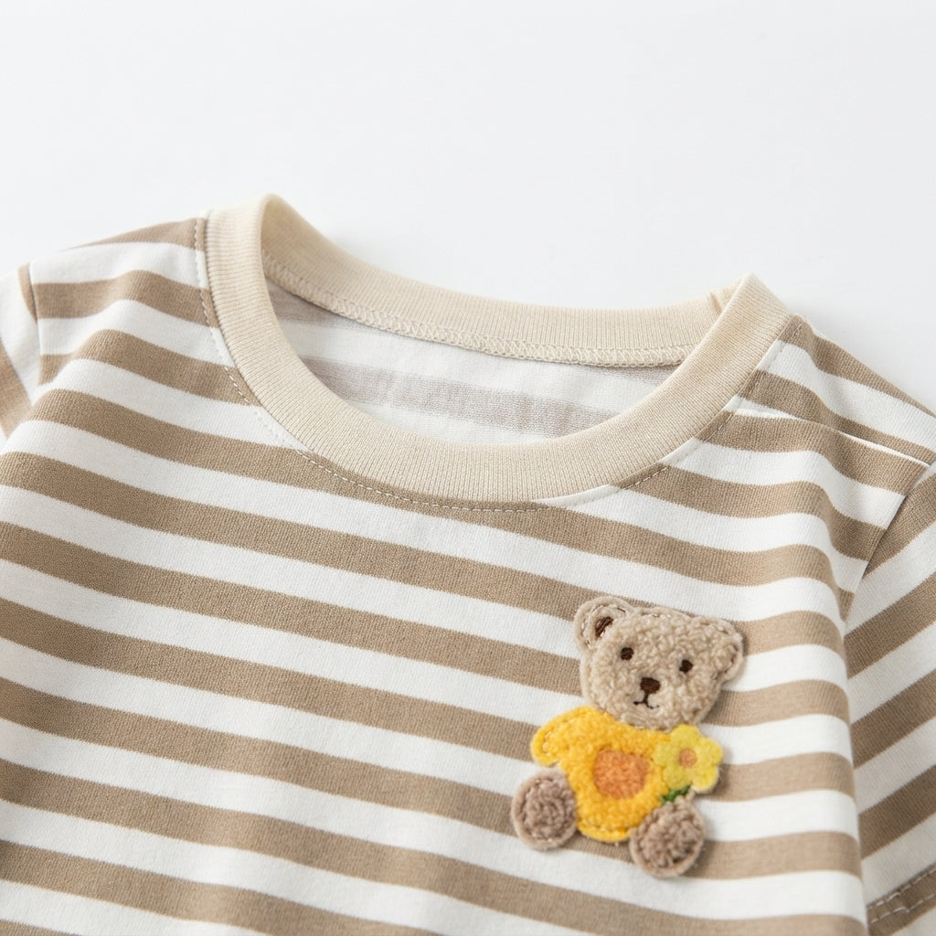 [WHOLESALE ONLY - CONTACT TO ORDER] Toddler Baby Boys/Girls Striped Short Sleeve T-Shirt - 3D Fuzzy Teddy Bear Patchwork Shoulder Snap Summer Top[KW-148]