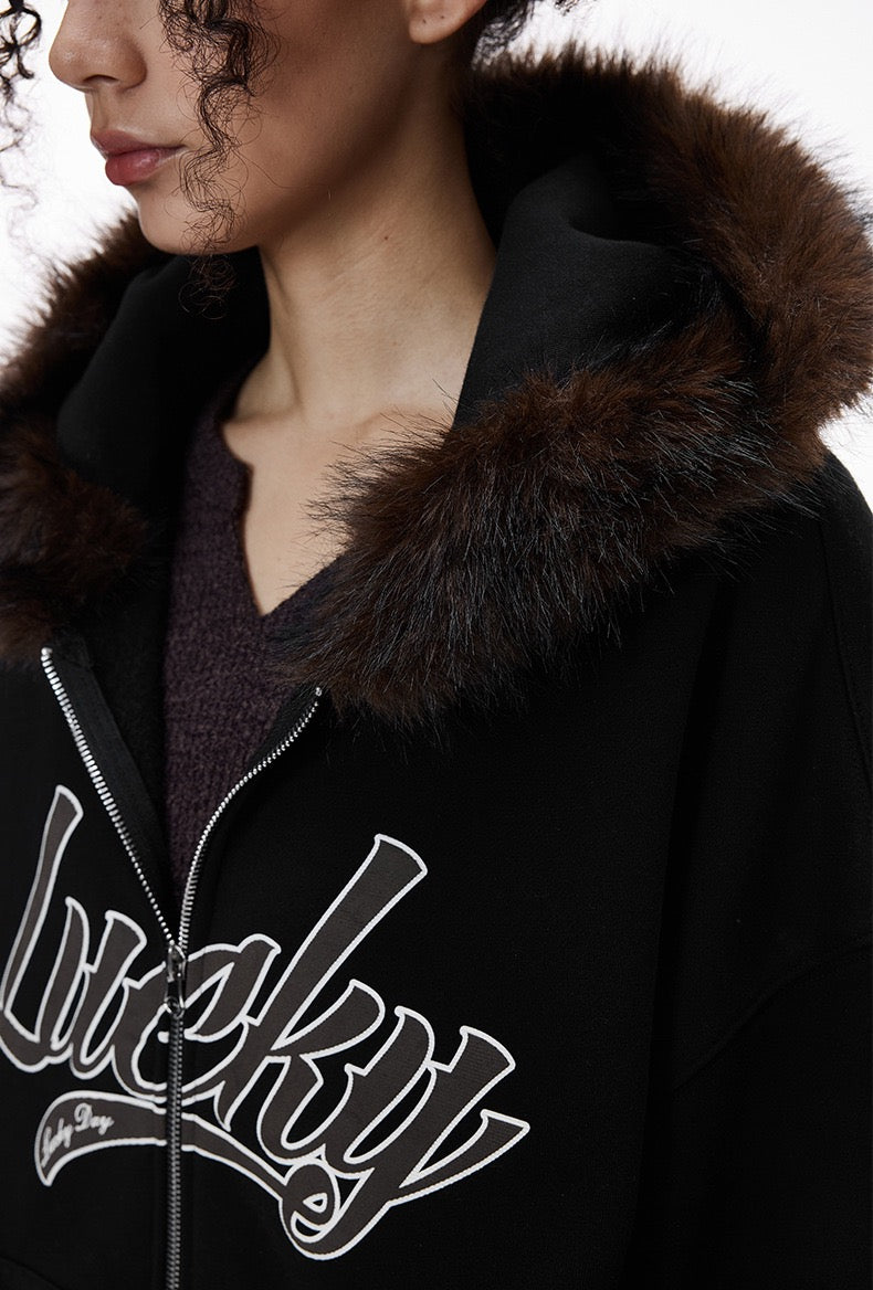 Winter ’25 Boxy Cropped Hoodie with Embroidered Accents and Plush Collar
