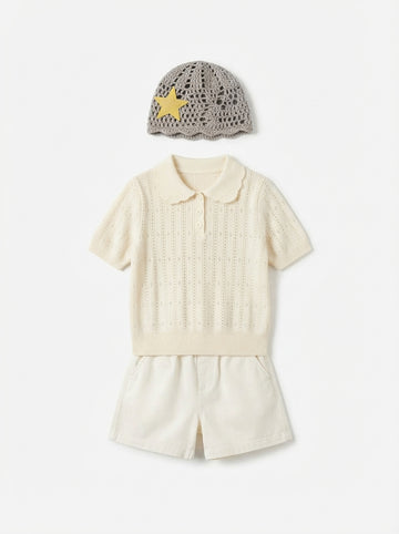 [WHOLESALE ONLY - CONTACT TO ORDER] Toddler Baby Pointelle Knit Polo Shirt & Shorts Set with Crochet Star Beanie - Soft Cotton Summer Outfit [KW-162]