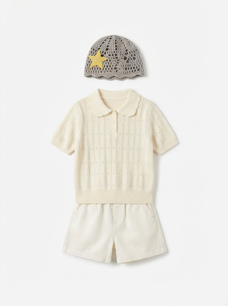 [WHOLESALE ONLY - CONTACT TO ORDER] Toddler Baby Pointelle Knit Polo Shirt & Shorts Set with Crochet Star Beanie - Soft Cotton Summer Outfit [KW-162]