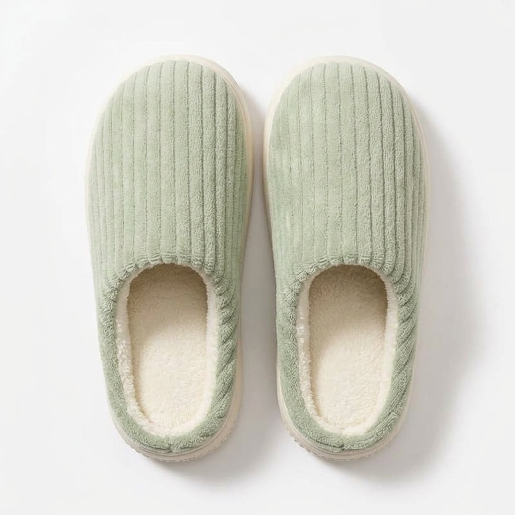 [WHOLESALE ONLY - CONTACT TO ORDER] Unisex Corduroy Ribbed Fleece Lined Memory Foam Winter Slippers - Platform Non-Slip House Shoes (Sage Green) [FM-104]