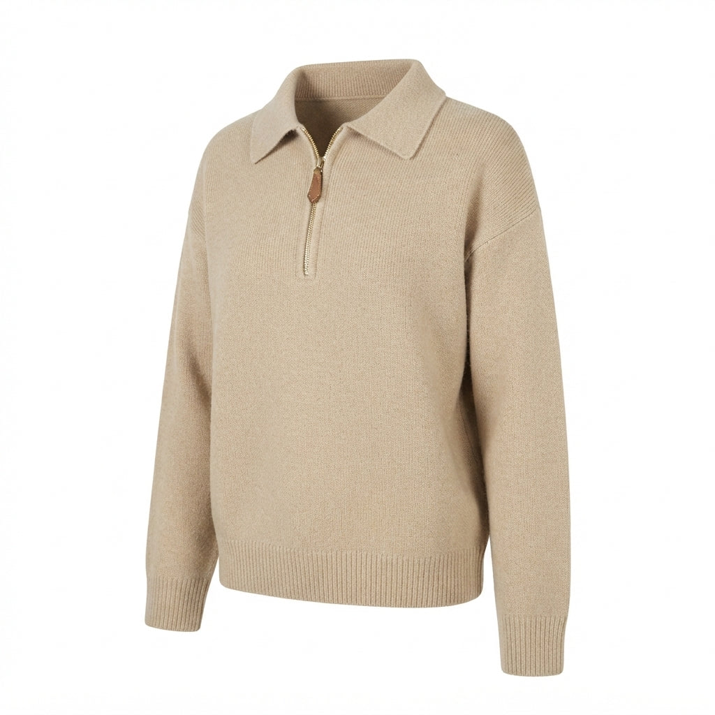 [WHOLESALE ONLY - CONTACT TO ORDER] Women's Ultra-Soft Cashmere-Feel Plain Knit Polo Collar Quarter-Zip Pullover Sweater with Suede Leather Pull (Heather Oatmeal Melange) [AW-215]