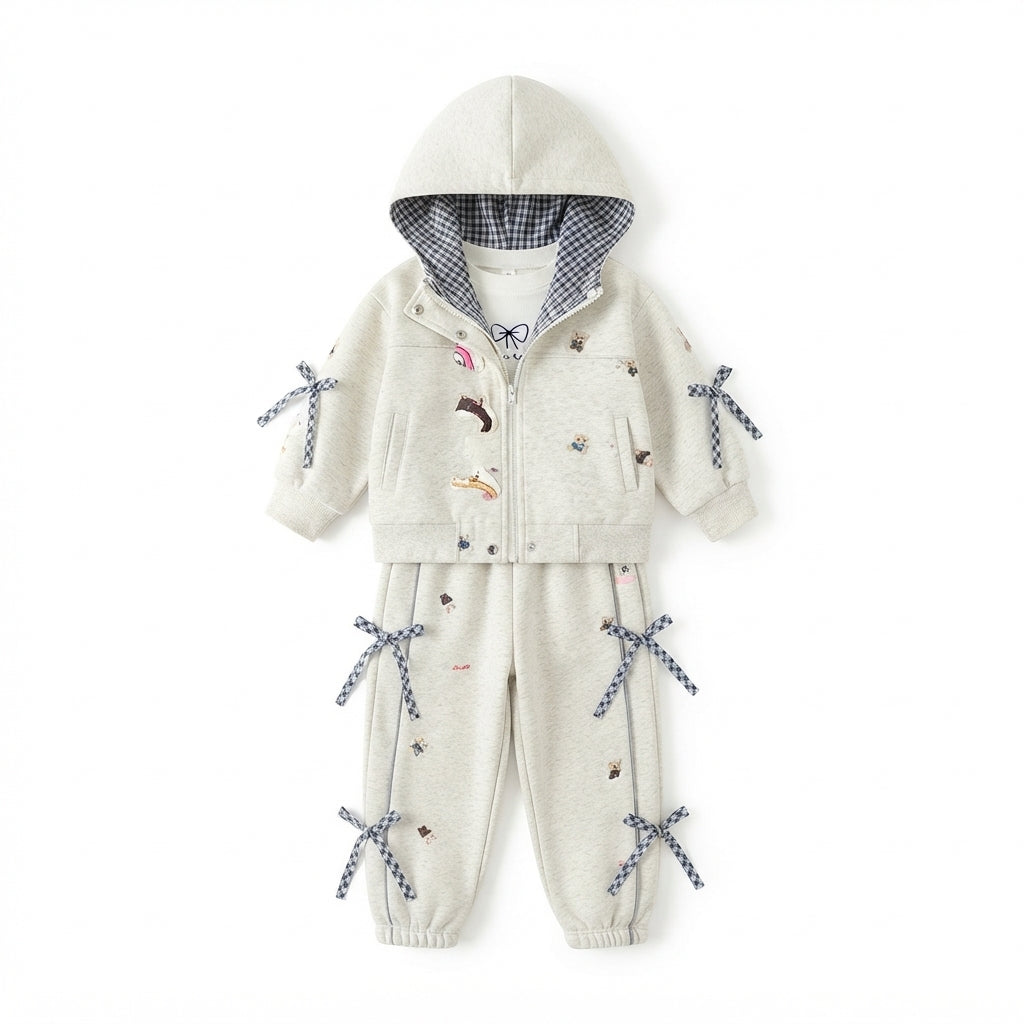 [WHOLESALE ONLY - CONTACT TO ] ToddleORDERr Girls Coquette Gingham Bow Fleece Zip-Up Hoodie & Jogger Pants Set - Gingham Lined Hood & Teddy Bear Embroidery Tracksuit [KW-166]