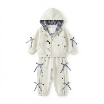 [WHOLESALE ONLY - CONTACT TO ] ToddleORDERr Girls Coquette Gingham Bow Fleece Zip-Up Hoodie & Jogger Pants Set - Gingham Lined Hood & Teddy Bear Embroidery Tracksuit [KW-166]