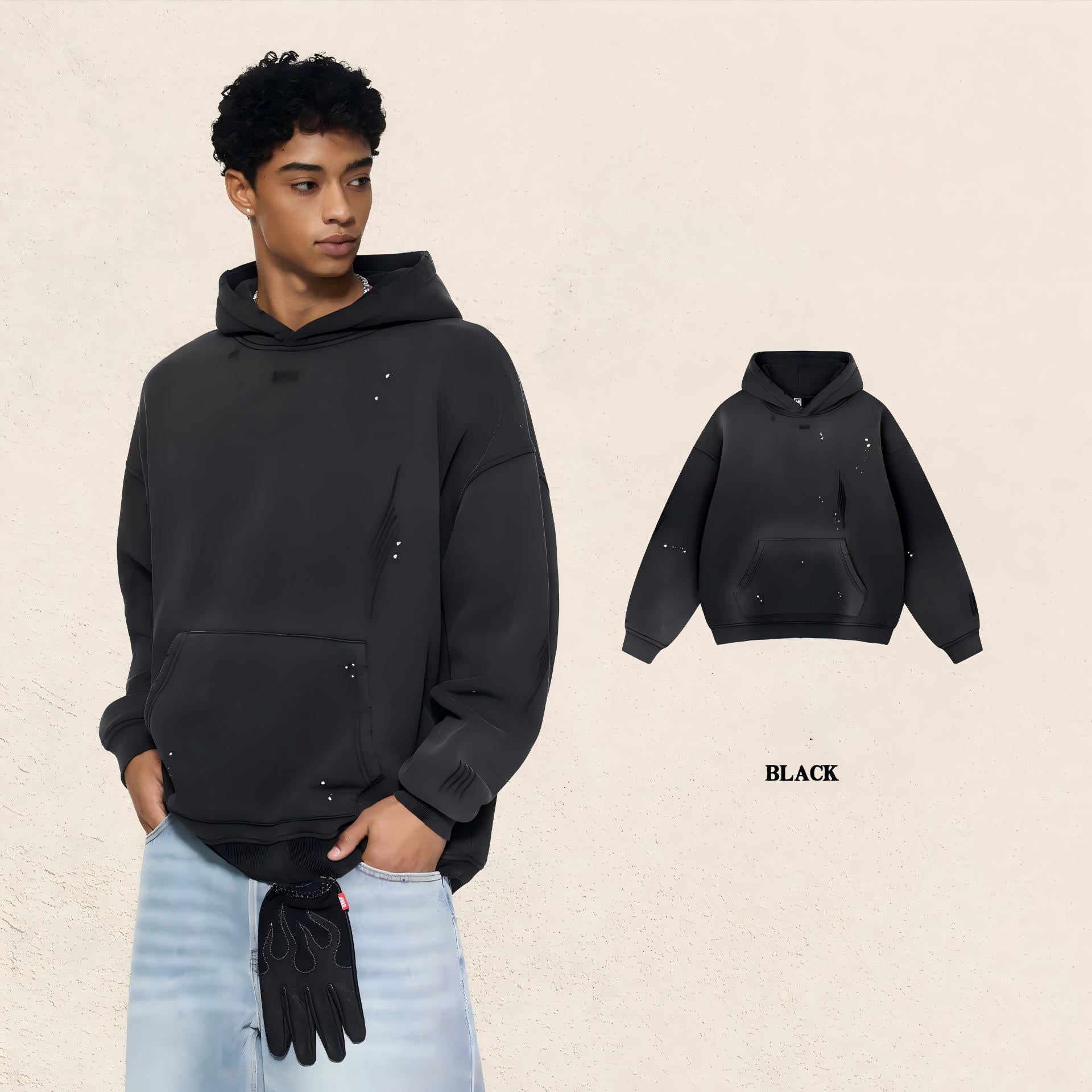 Men’s 360g Fleece-Lined Hoodie – American Streetwear Paint Splatter Monkey Print[DROP2-004]
