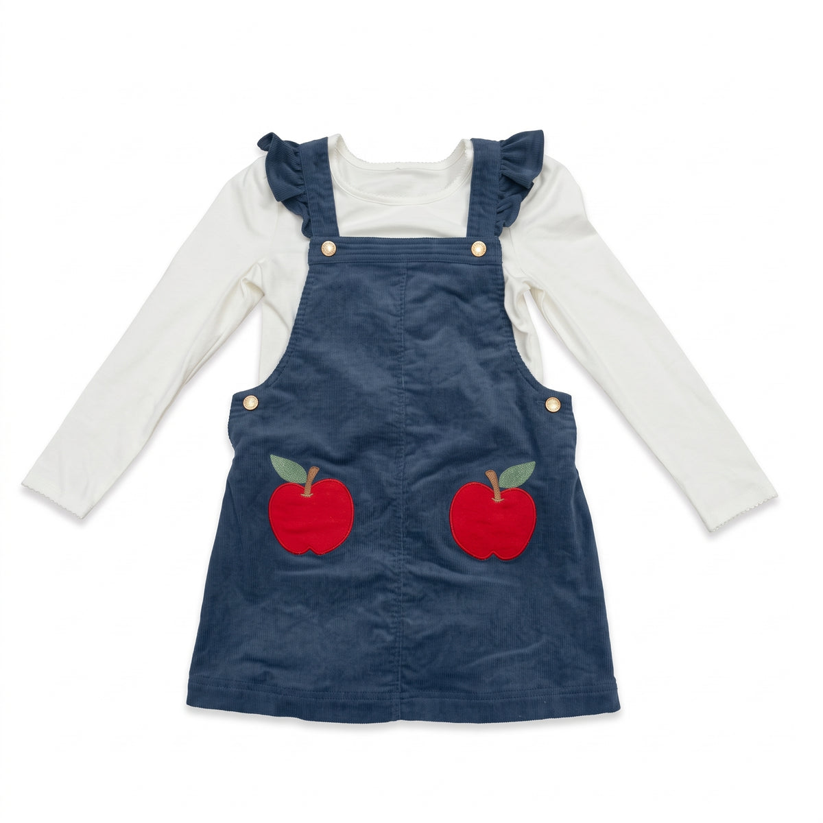 [WHOLESALE ONLY - CONTACT TO ORDER] Toddler Girls 2-Piece Fall Corduroy Pinafore Overall Dress & Long Sleeve Tee Set with Apple Appliques (Navy) - Catalog Display Only (Do Not Order Directly)