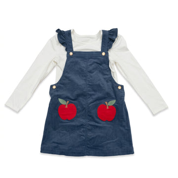 [WHOLESALE ONLY - CONTACT TO ORDER] Toddler Girls 2-Piece Fall Corduroy Pinafore Overall Dress & Long Sleeve Tee Set with Apple Appliques (Navy) - Catalog Display Only (Do Not Order Directly)