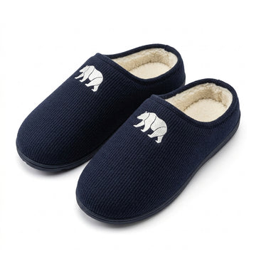 [WHOLESALE ONLY - CONTACT TO ORDER] Men's Ribbed Corduroy Fleece-Lined House Slippers with Bear Embroidery (Navy Blue) - Catalog Display Only (Do Not Order Directly)