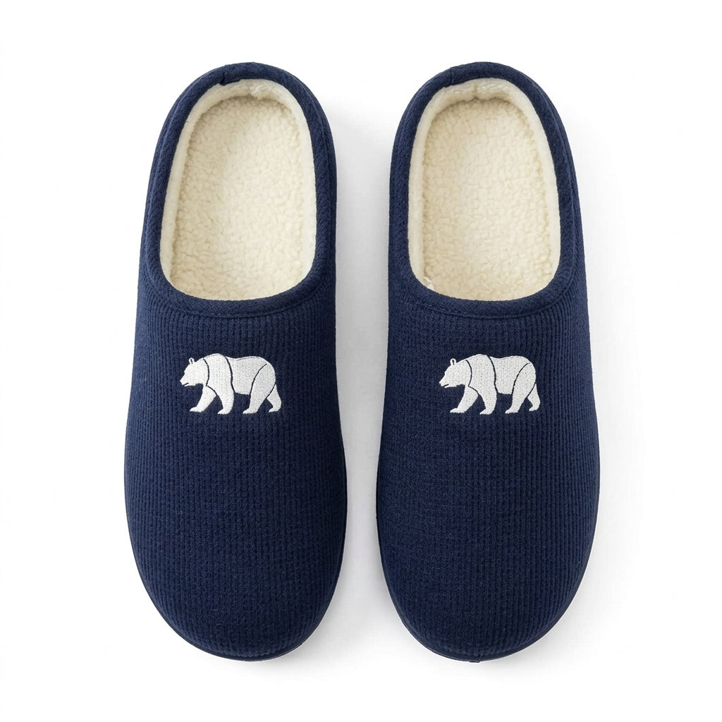[WHOLESALE ONLY - CONTACT TO ORDER] Men's Ribbed Corduroy Fleece-Lined House Slippers with Bear Embroidery (Navy Blue) - Catalog Display Only (Do Not Order Directly)
