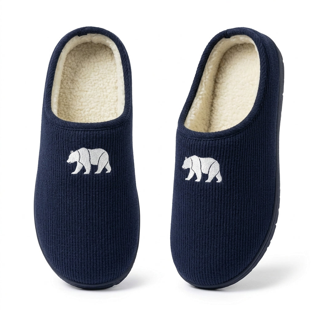 [WHOLESALE ONLY - CONTACT TO ORDER] Men's Ribbed Corduroy Fleece-Lined House Slippers with Bear Embroidery (Navy Blue) - Catalog Display Only (Do Not Order Directly)