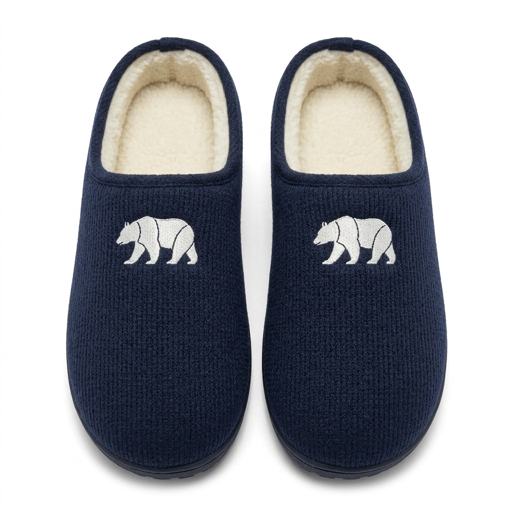 [WHOLESALE ONLY - CONTACT TO ORDER] Men's Ribbed Corduroy Fleece-Lined House Slippers with Bear Embroidery (Navy Blue) - Catalog Display Only (Do Not Order Directly)