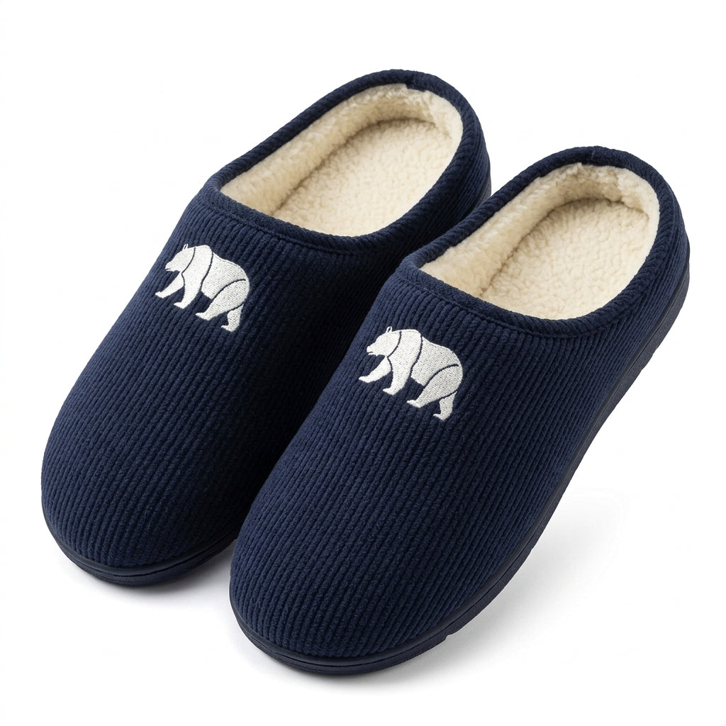 [WHOLESALE ONLY - CONTACT TO ORDER] Men's Ribbed Corduroy Fleece-Lined House Slippers with Bear Embroidery (Navy Blue) - Catalog Display Only (Do Not Order Directly)