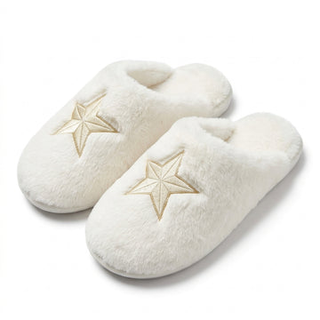 [WHOLESALE ONLY - CONTACT TO ORDER] Fluffy Plush Faux Fur House Slippers with Metallic Gold Star Embroidery - Catalog Display Only (Do Not Order Directly)