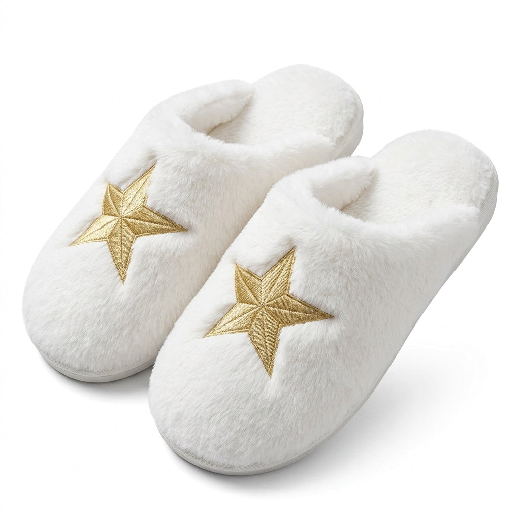 [WHOLESALE ONLY - CONTACT TO ORDER] Fluffy Plush Faux Fur House Slippers with Metallic Gold Star Embroidery - Catalog Display Only (Do Not Order Directly)