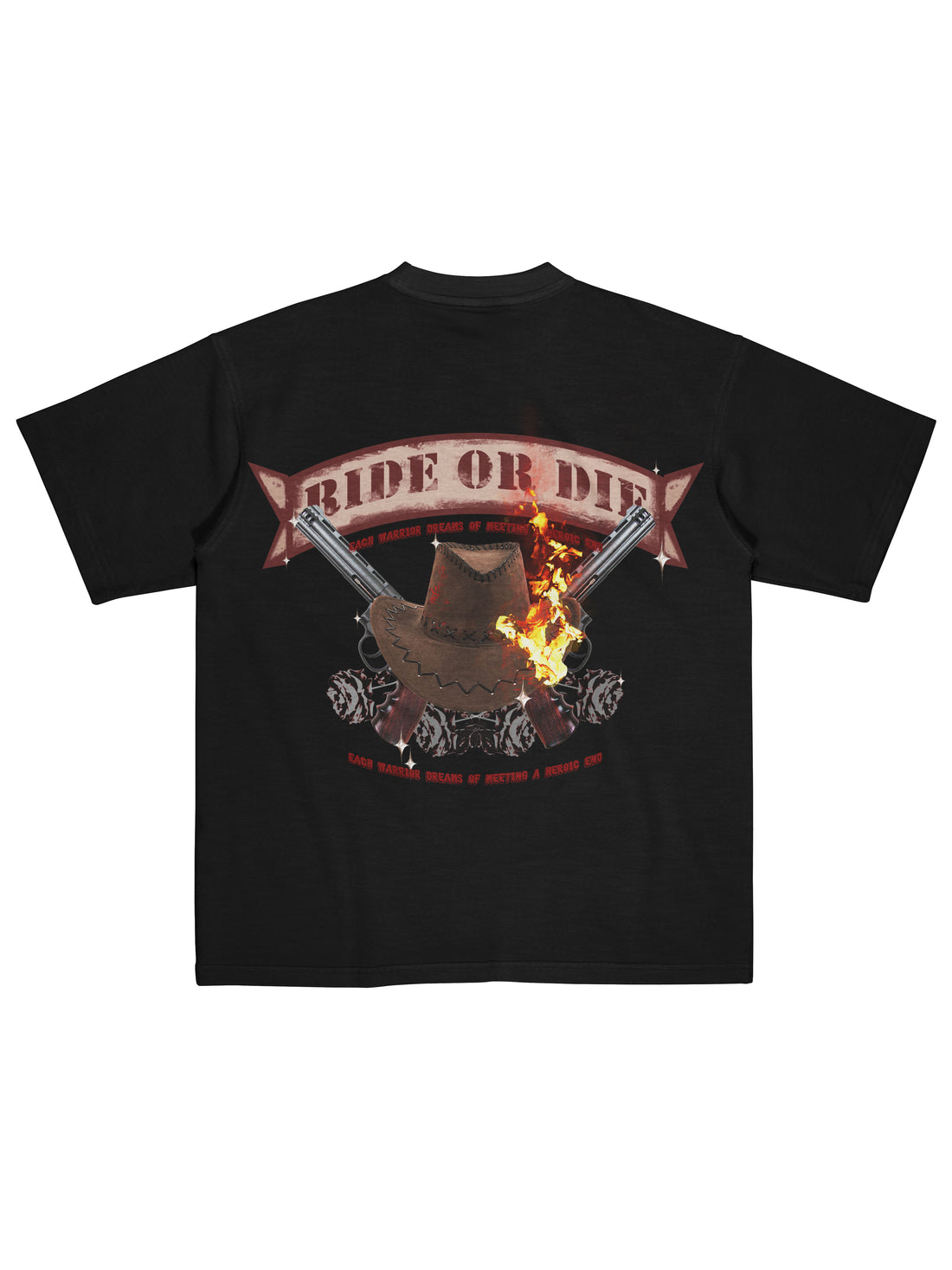 White t-shirt with graphic design featuring a bear, guns, and text on a white background