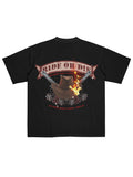 Black t-shirt with 'Ride or Die' graphic design on a white background