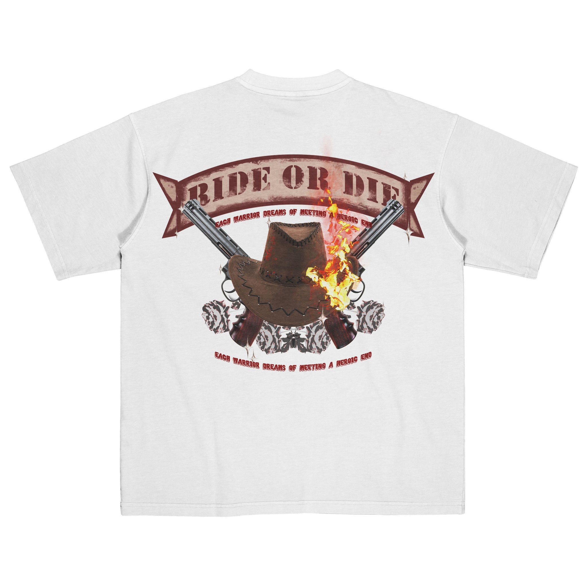 White t-shirt with graphic design featuring a bear, guns, and text on a white background