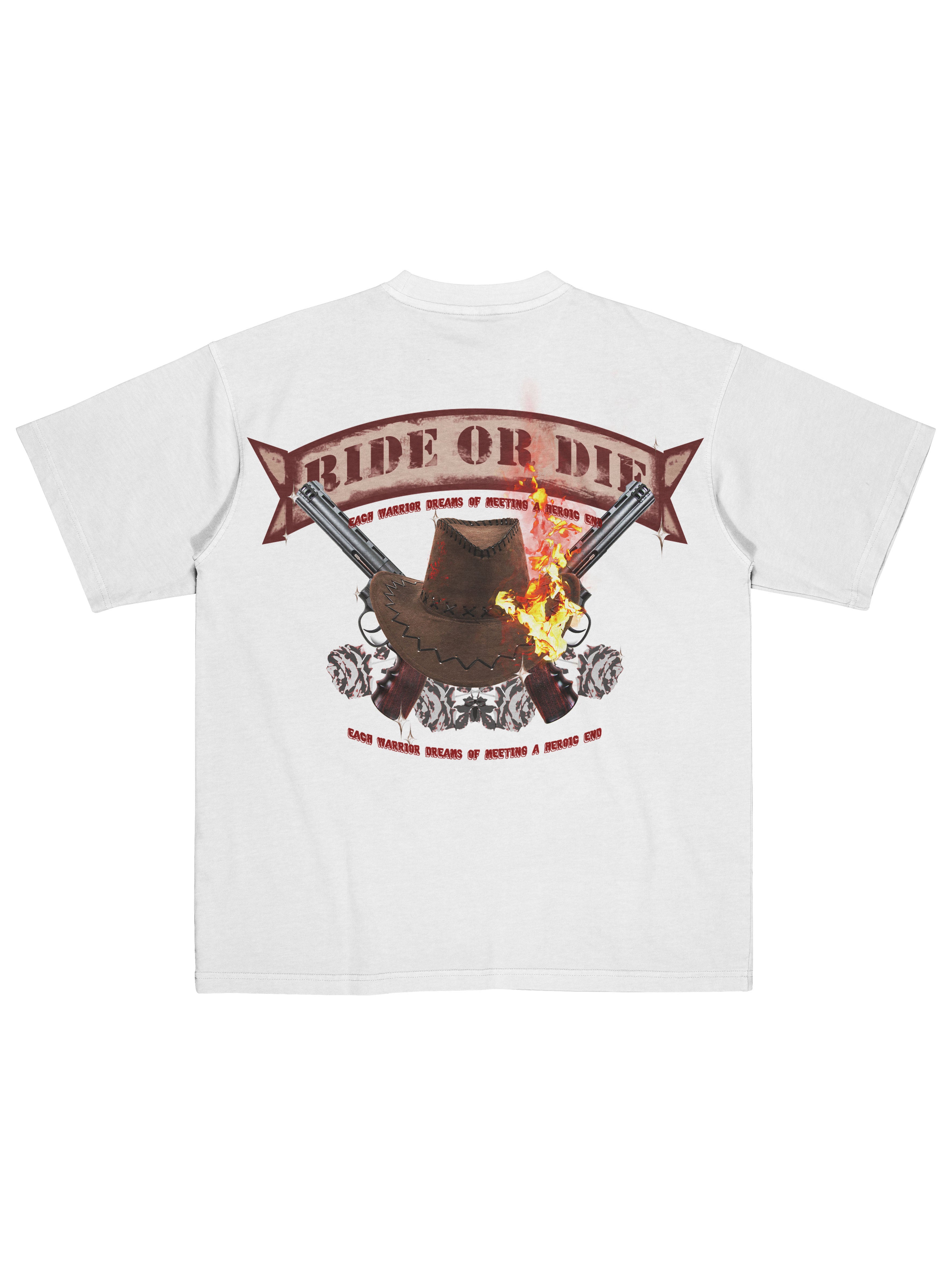 White t-shirt with graphic design featuring a bear, guns, and text on a white background