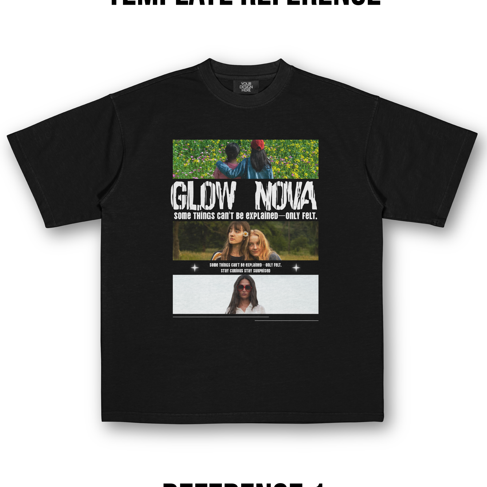 Custom T-shirt with clean vertical layout featuring three stacked rectangular images — fully customizable images and text, soft cotton, comfortable fit.