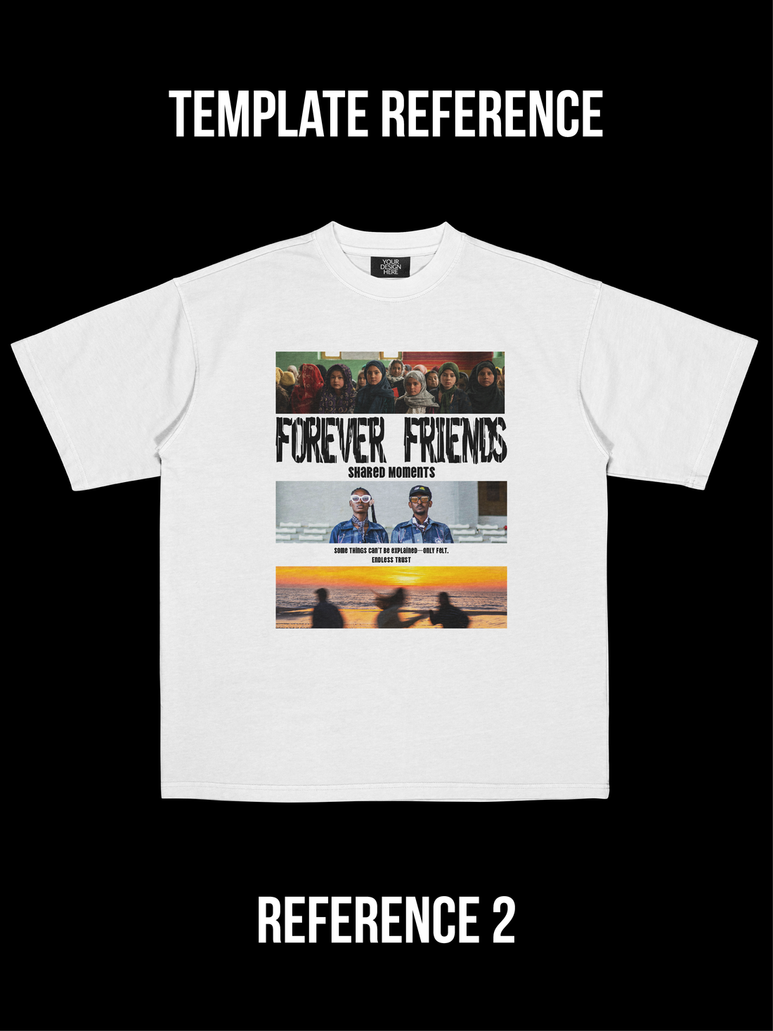 Custom T-shirt with clean vertical layout featuring three stacked rectangular images — fully customizable images and text, soft cotton, comfortable fit.