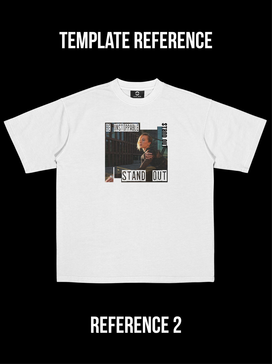 Custom T-shirt featuring three words arranged in horizontal and vertical layout with a square image — fully customizable text and visuals, soft cotton, comfortable fit.