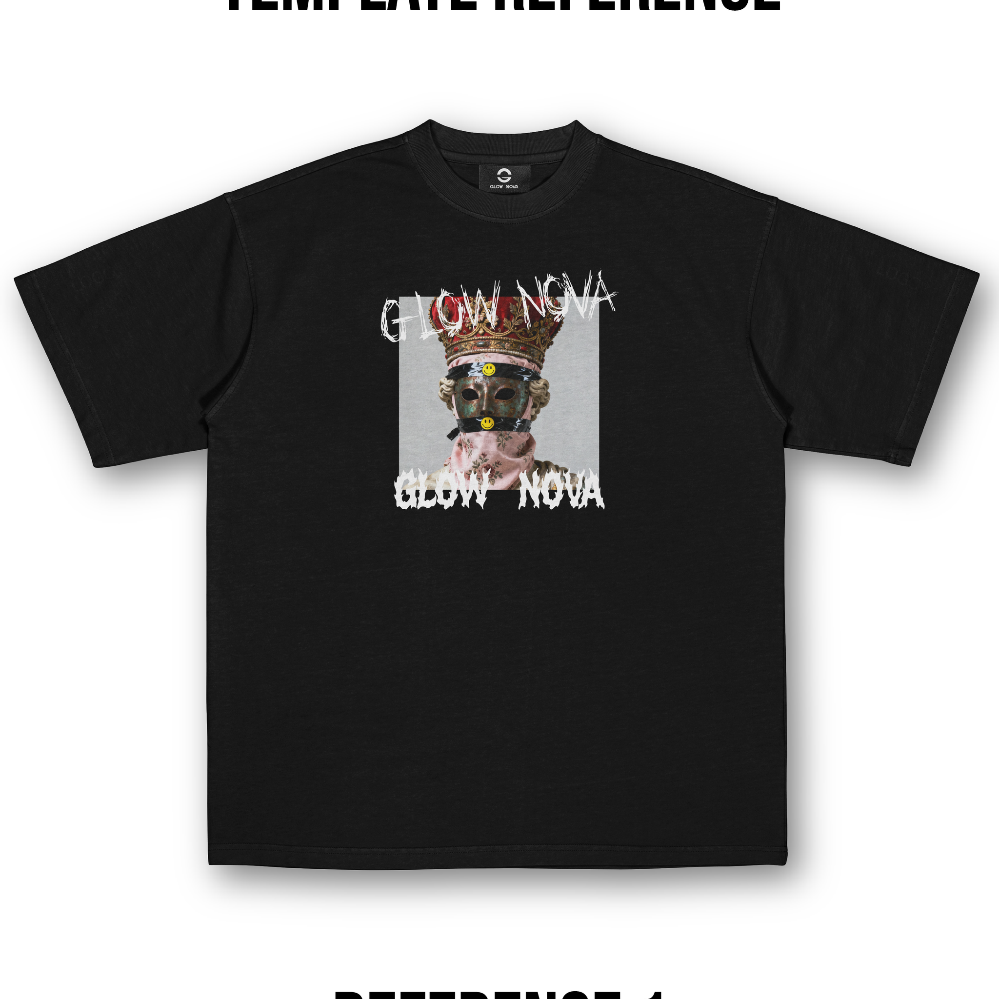 Custom T-shirt featuring a square graphic with cutout text — users can upload an image and add hollowed-out numbers, phrases, or tags, soft cotton, minimal industrial design.