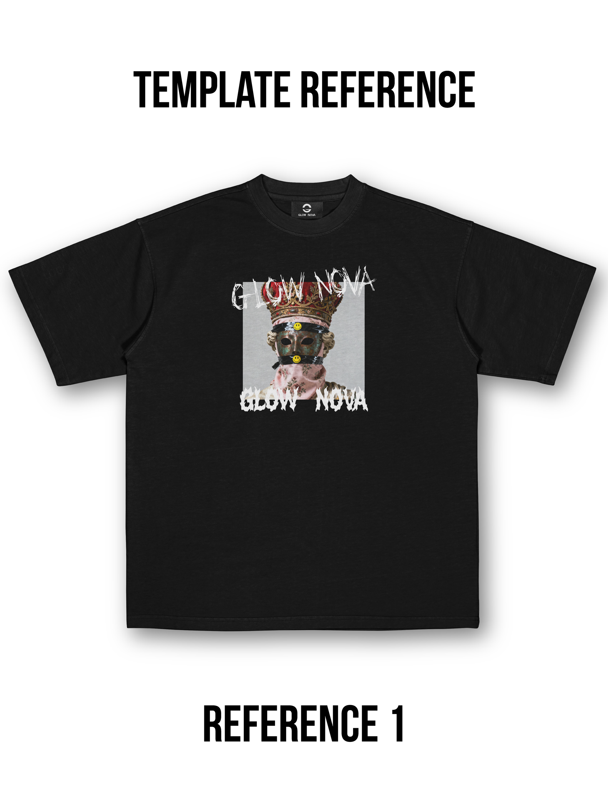 Custom T-shirt featuring a square graphic with cutout text — users can upload an image and add hollowed-out numbers, phrases, or tags, soft cotton, minimal industrial design.